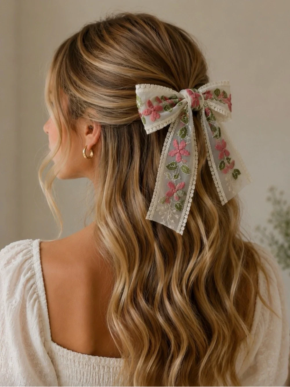 Lace Hair Bow Floral Embroidered  - Dusty Rose Pink on Cream